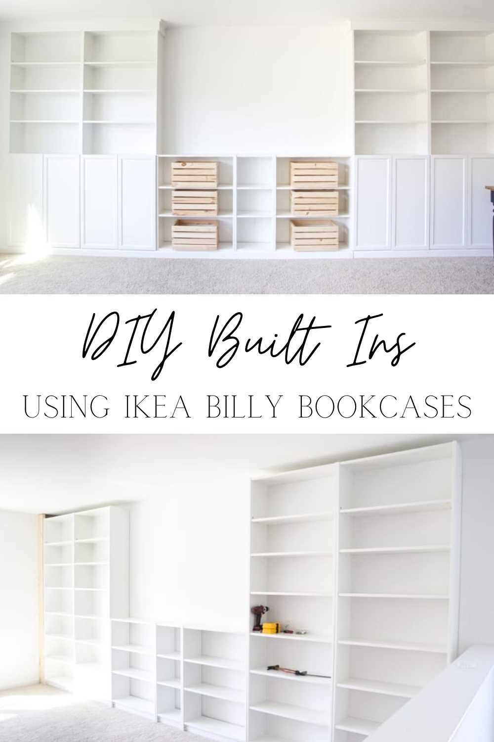 DIY Built Ins from IKEA Billy Bookcases | A step-by-step tutorial for how to make professional looking built in bookshelves using IKEA Billy bookcases for vertical storage.