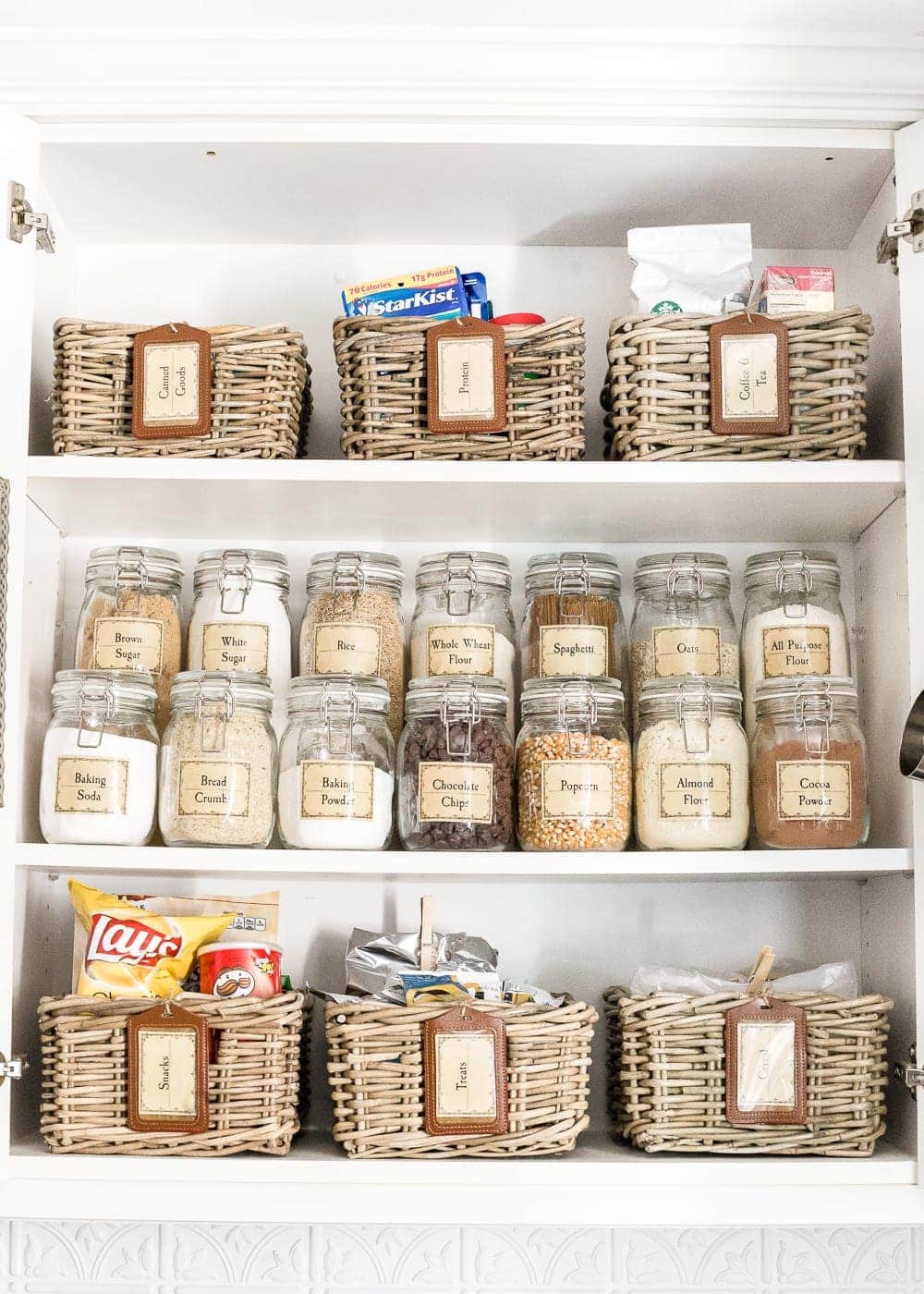 pantry storage in jars and baskets