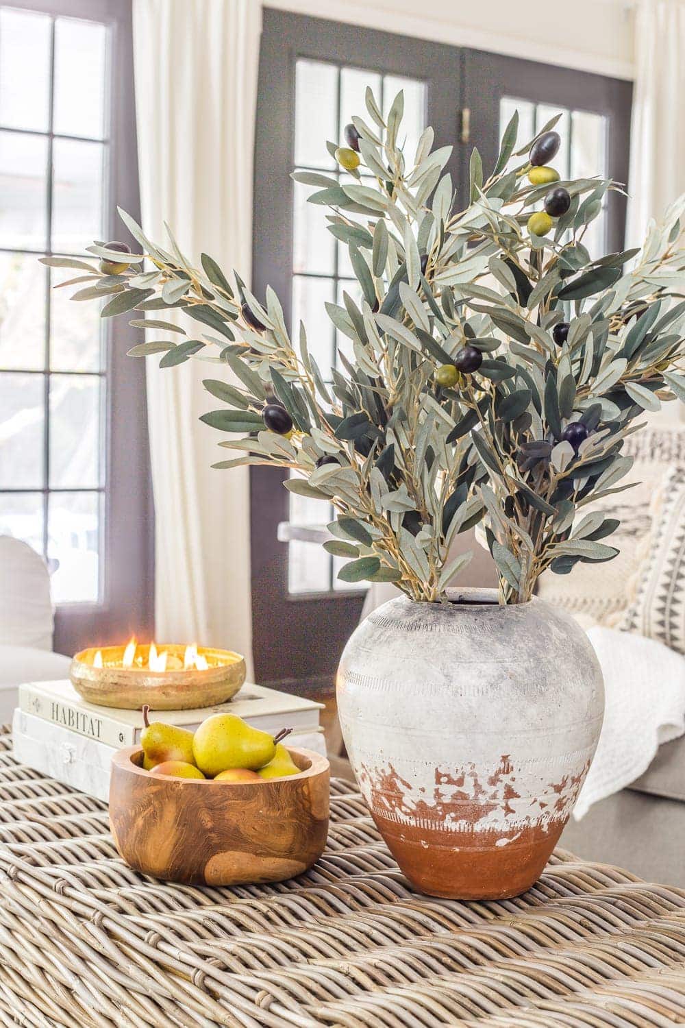 terracotta vase of olive branches as a simple fall centerpiece