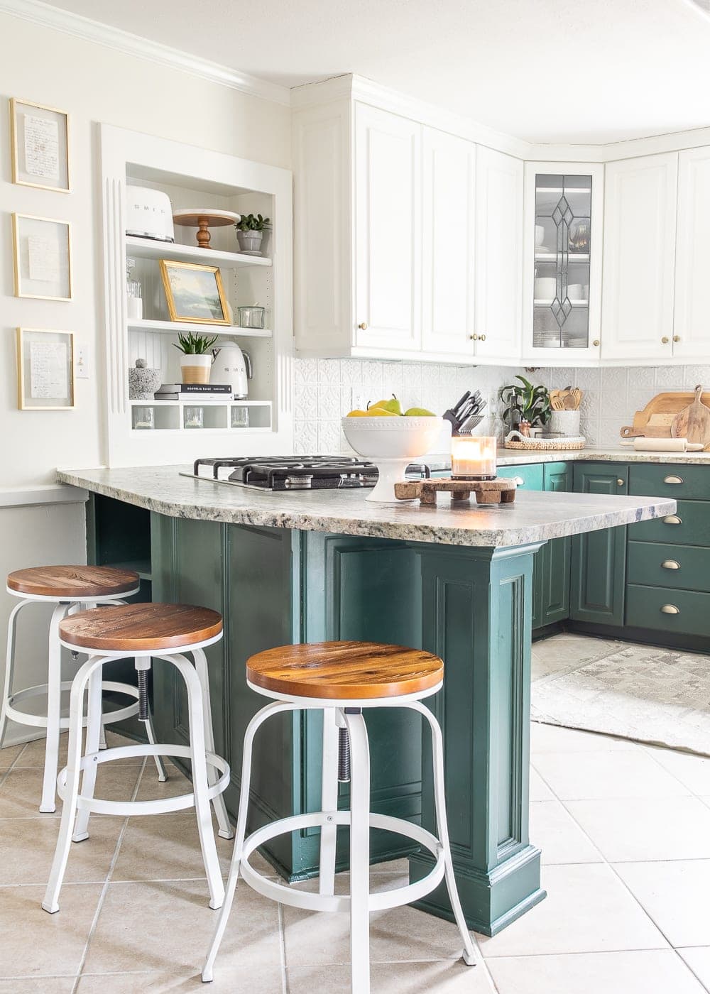 kitchen counter decor and kitchen shelves with green cabinets