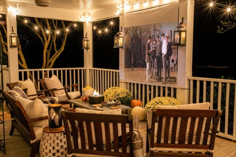 Fall Porch DIY Outdoor Movie Screen and DIY S’mores Table