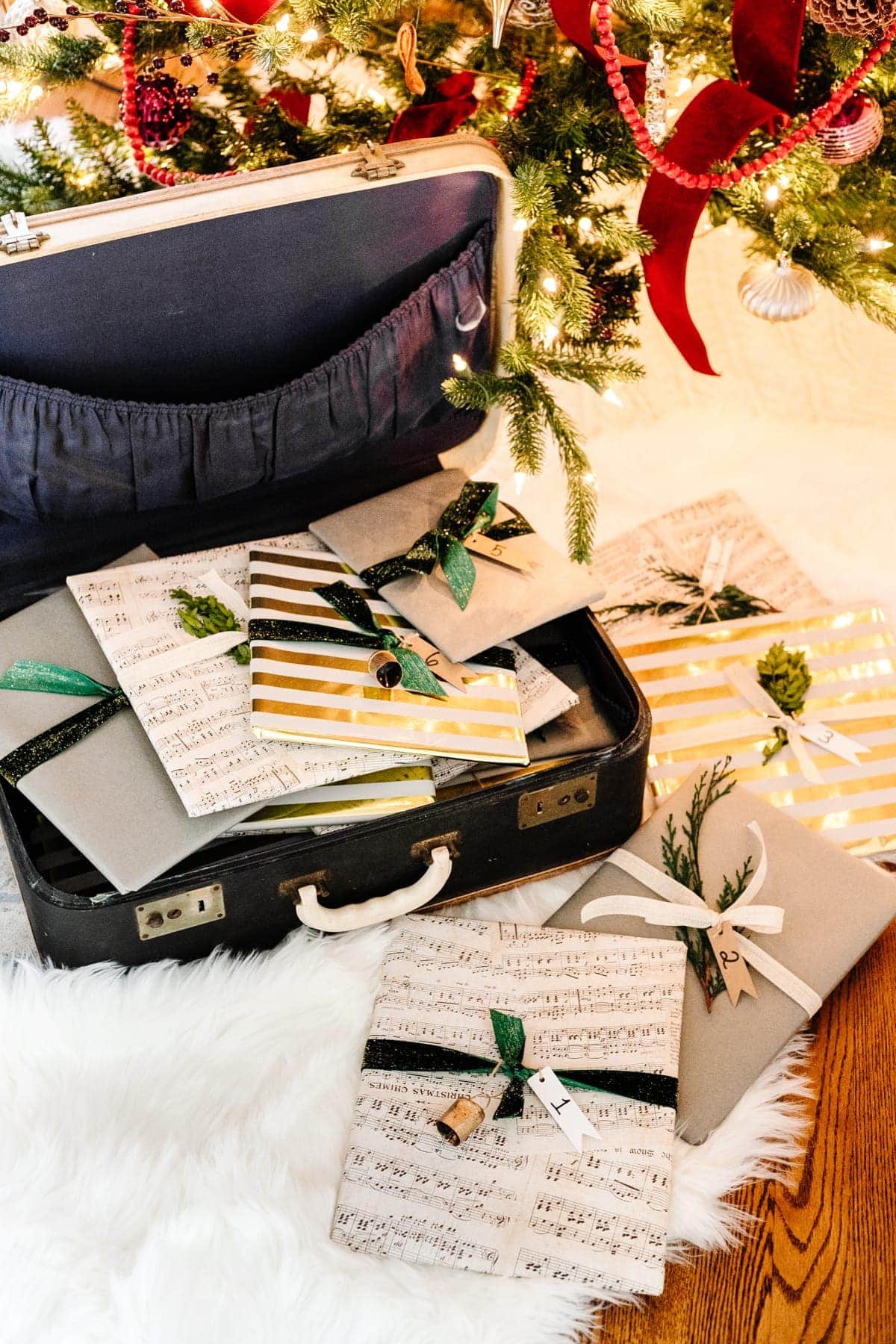 secondhand suitcase used as a storybook Christmas advent calendar 