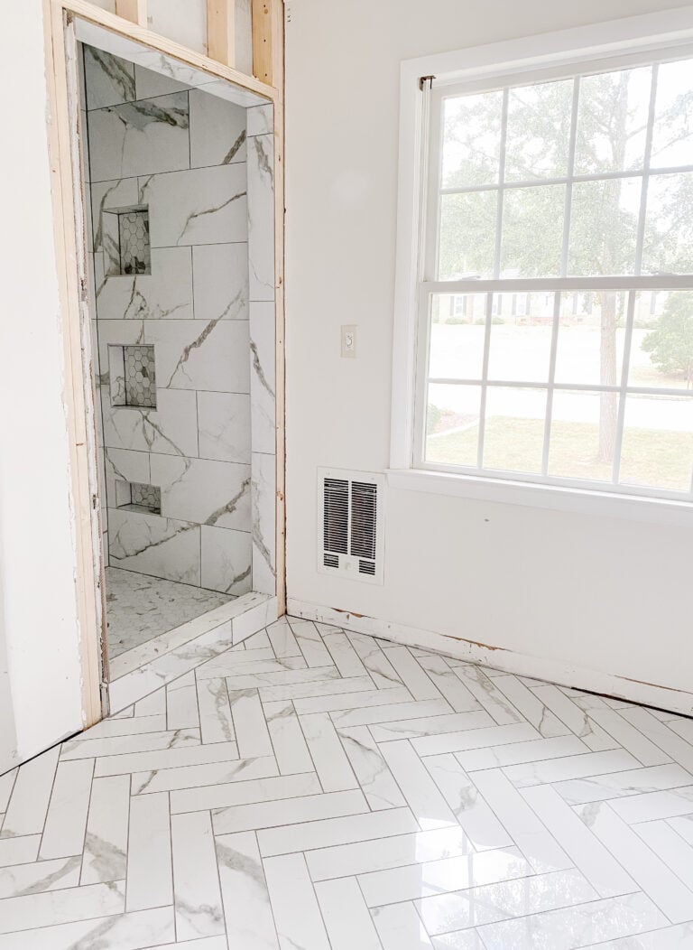 Faux Marble Herringbone Tile & Shower Progress