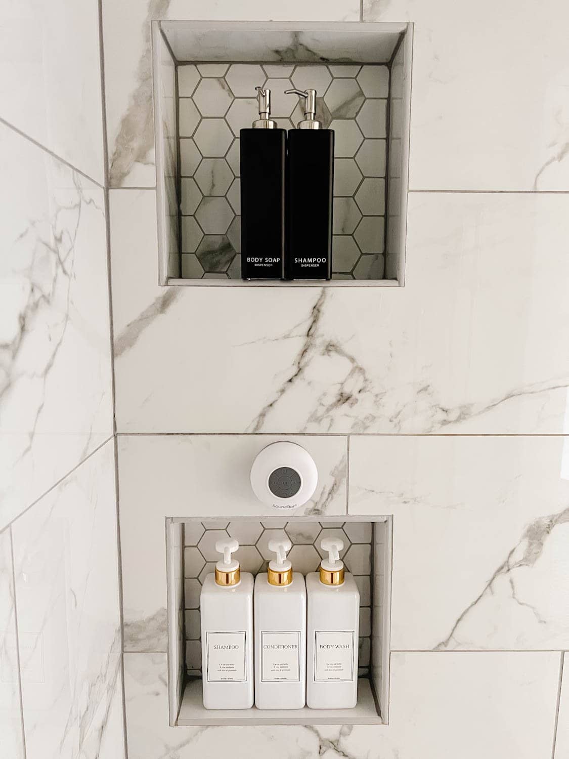 organized shower minimalist shampoo bottles