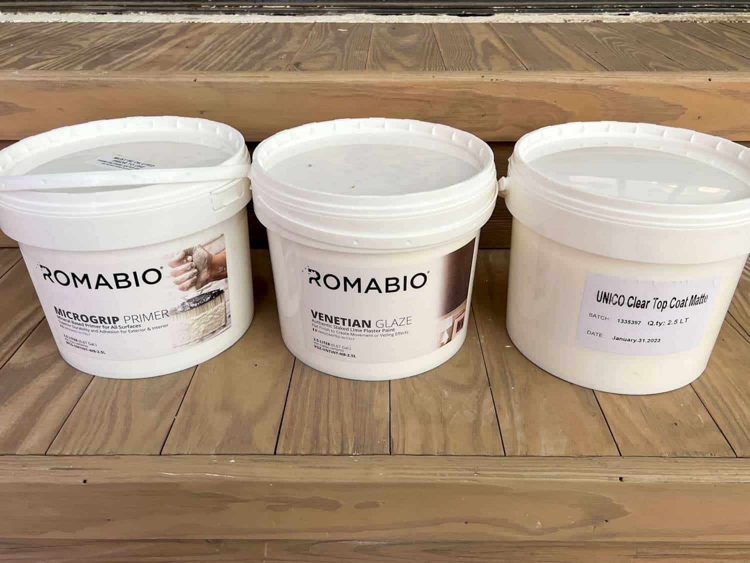 romabio venetian glaze, microgrip primer, and clear matte top coat