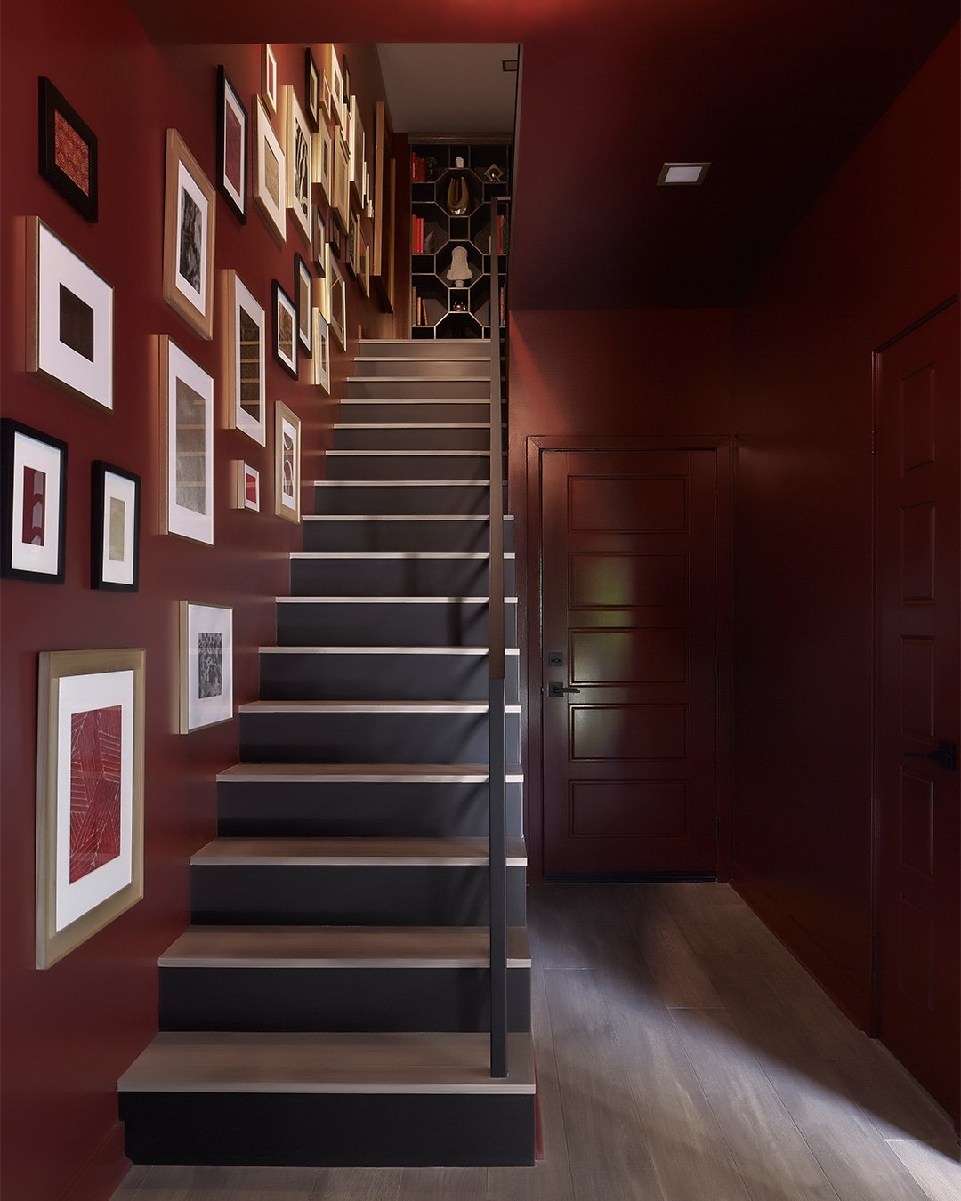 burgundy entryway stairs sherwin williams sommelier john mcclain design