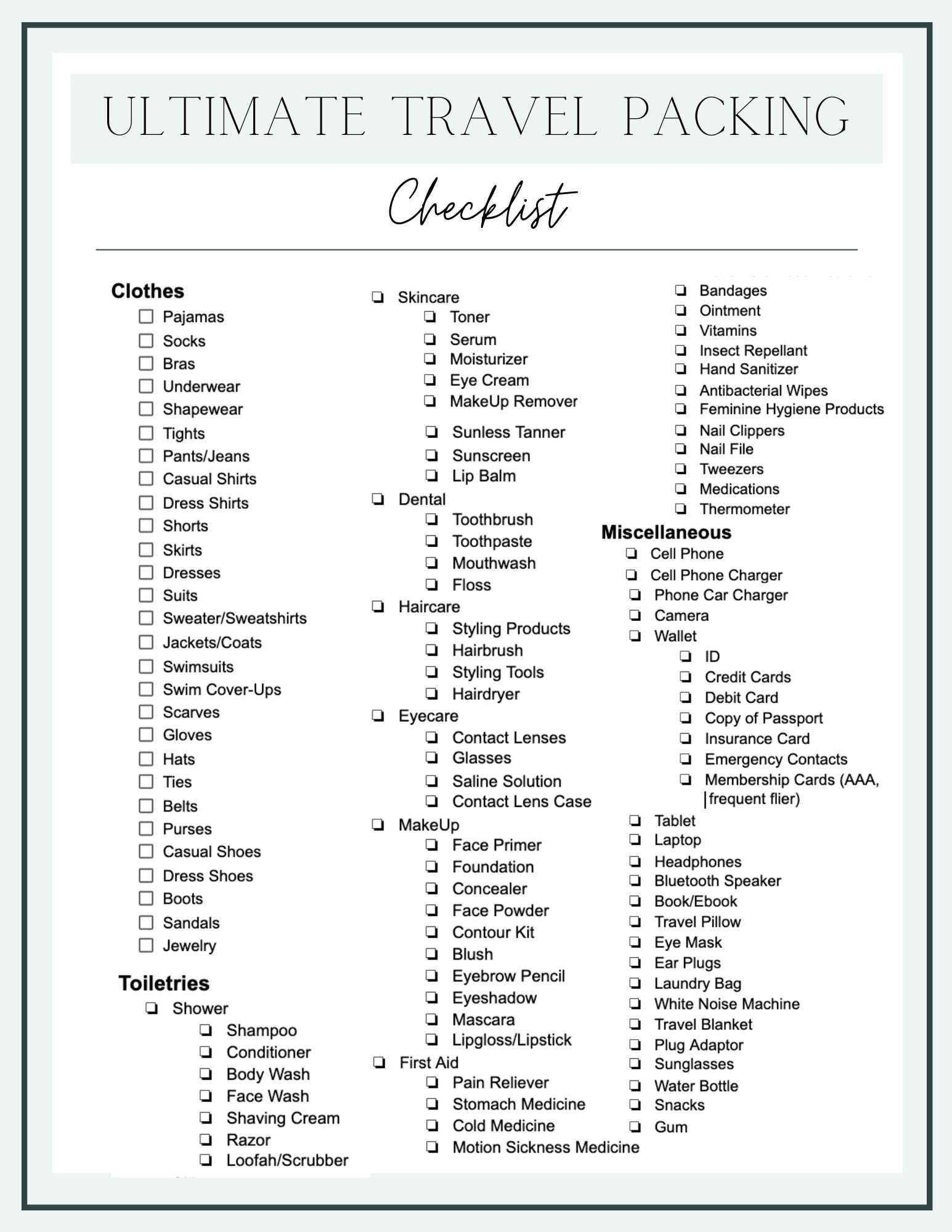 travel packing checklist printable